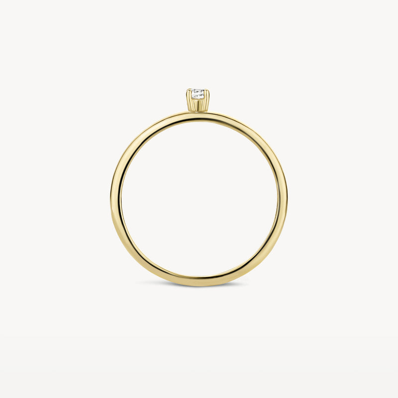 14k geelgouden solitair ring met kleine diamant en dunne band.