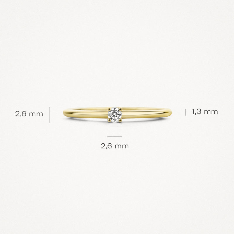 Dunne aanschuifring van 14k geelgoud met kleine solitaire diamant van 2,6 mm.