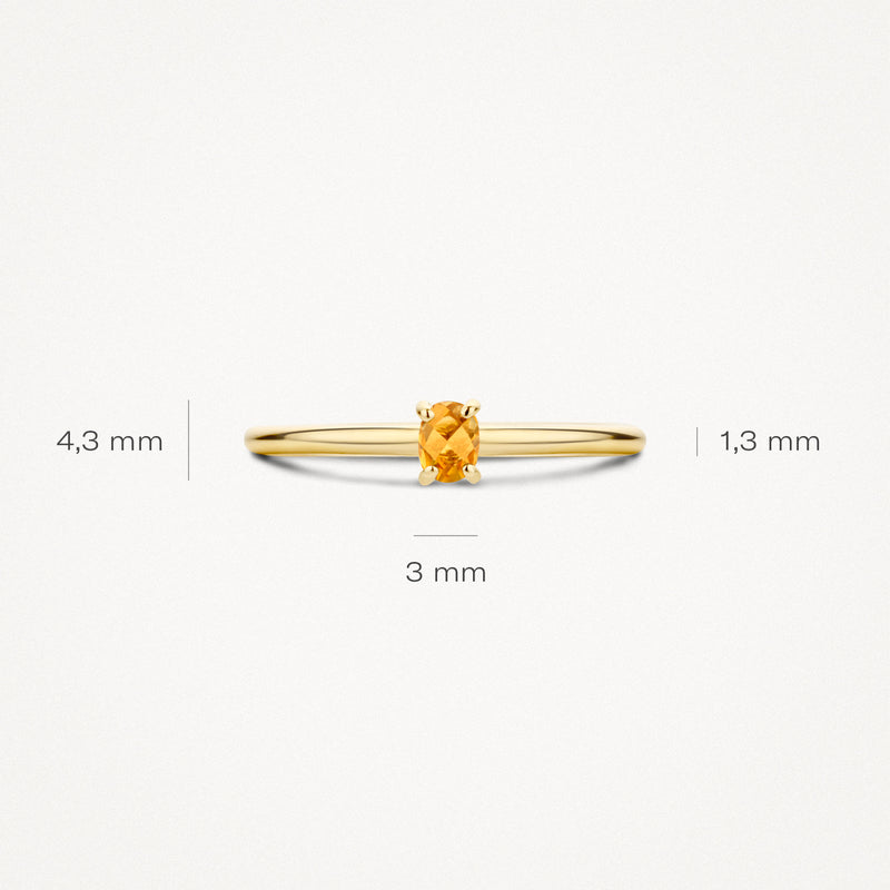 Dunne 14k geelgouden ring met 3 mm citrien solitair en band van 1,3 mm breedte.