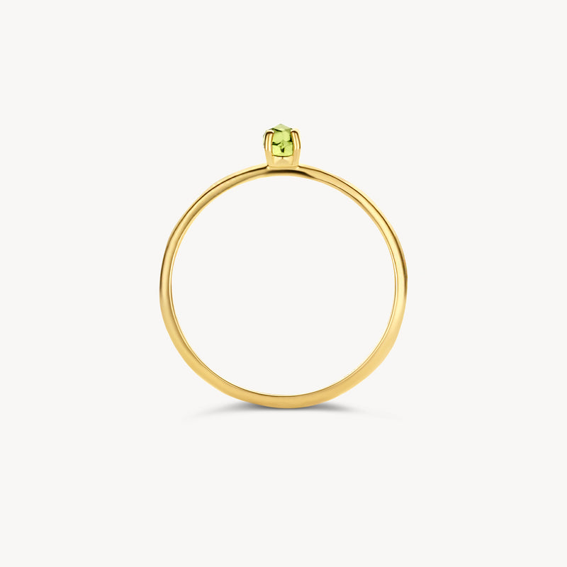 14k geelgouden ring met kleine ronde peridoot in zeskantige zetting.
