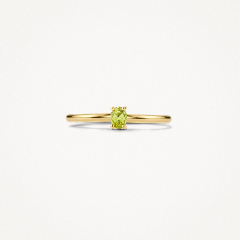 14k geelgouden fijne ring met kleine groene peridoot solitair steen.