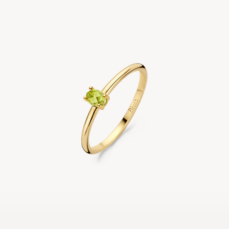 Ring 14k geelgoud met ovale groene peridoot solitaire stenen inzet.
