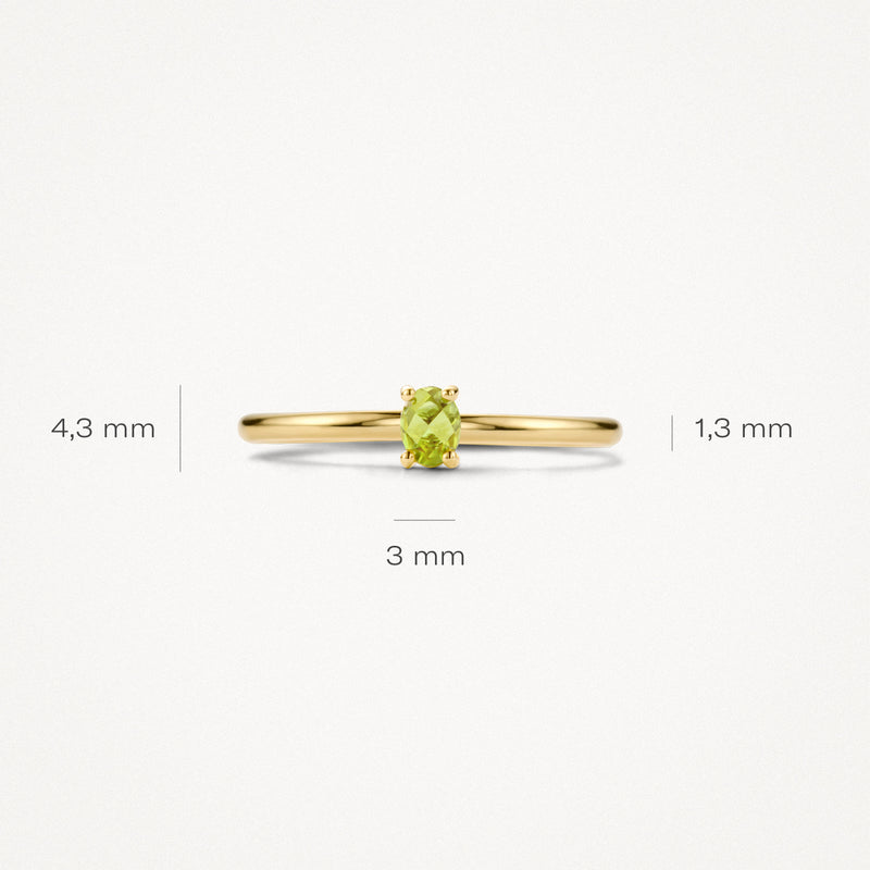 Ring 1204YGP van 14k geelgoud met solitaire groene peridoot, smalle band 1,3 mm, steen 4,3 mm.