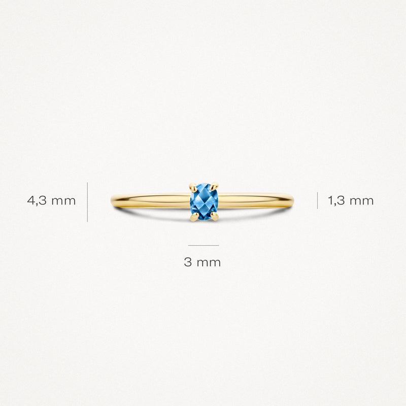 Dunne 14k geelgouden ring met ronde blauwe topaas van 3 mm diameter.