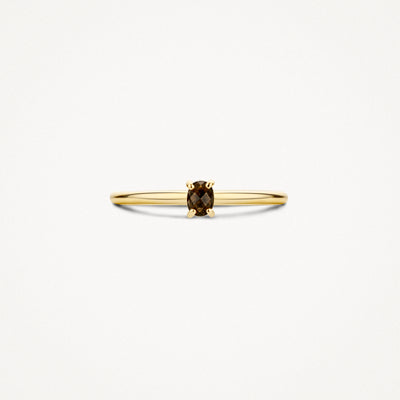 14k geelgouden ring met kleine smokey quartz en slanke band.
