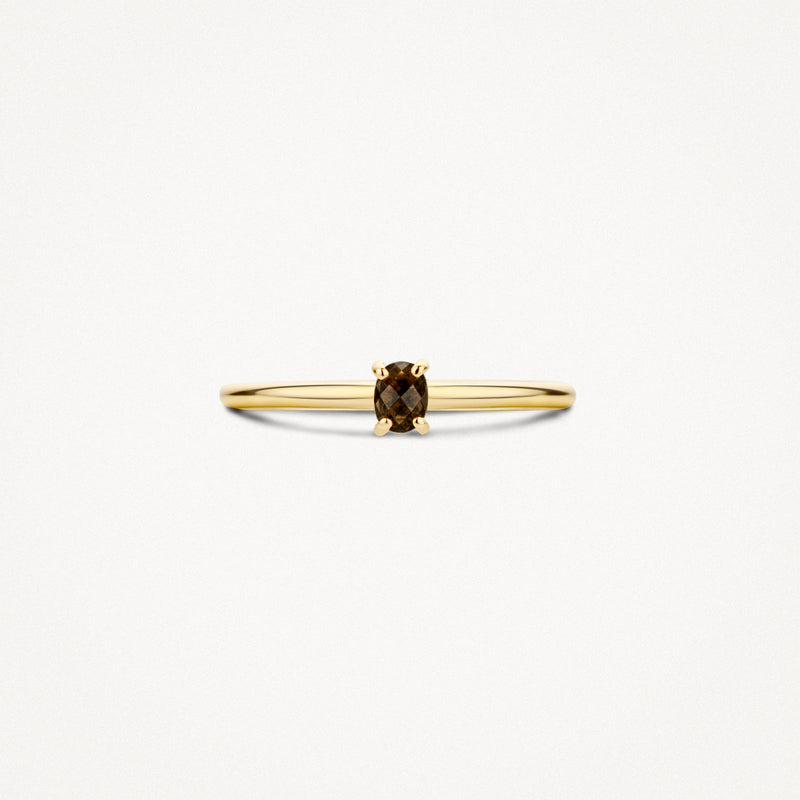 14k geelgouden ring met kleine smokey quartz en slanke band.