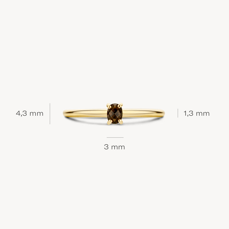 Dunne 14k geelgouden ring met ronde smokey quartz van 3 mm, band 1,3 mm breed.