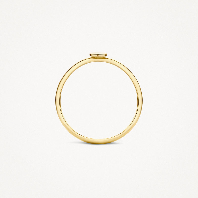 Dunne aanschuifring van 14k geelgoud met plat, klein rechthoekig detail bovenop.