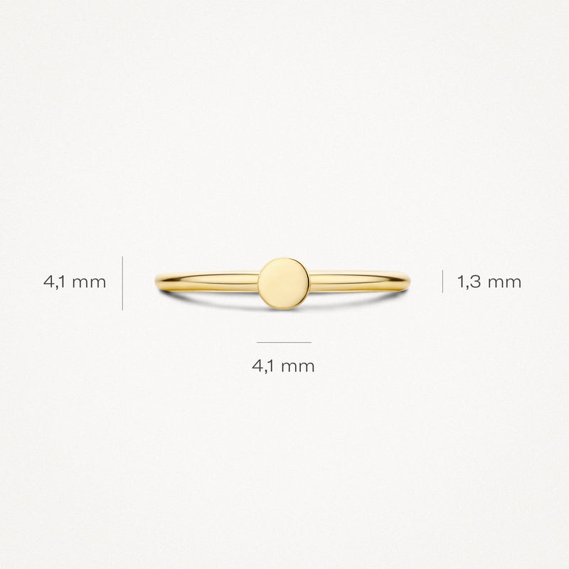 Gouden 14k ring met dunne band en cirkelvormig vlak, 4,1 mm breed, 1,3 mm dik.