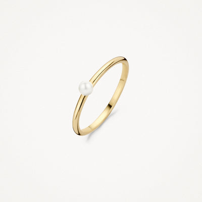 14k geelgouden ring met kleine witte parel en smalle band.