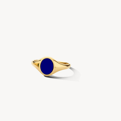 585er Siegelring aus Gelbgold mit rundem Lapis-Stein und polierter Oberfläche.