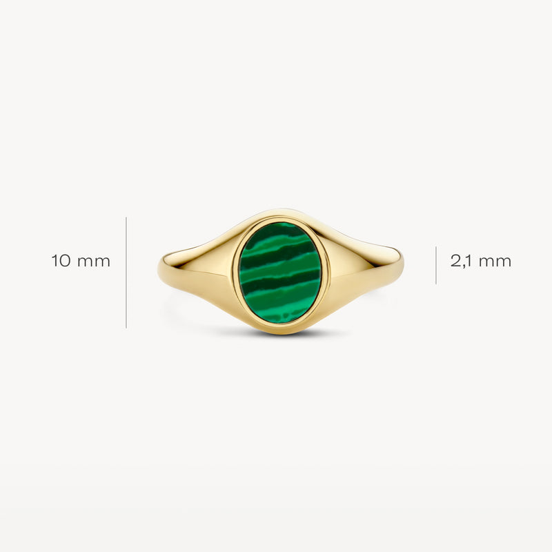 Zegelring van 14k geelgoud met ovale malachiet steen, 10 mm breed, 2,1 mm dik.