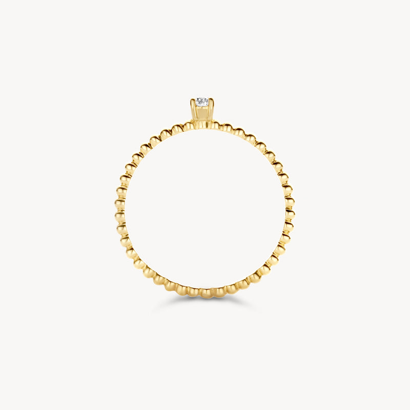 14k goud ring met kleine bolletjes en solitaire zirkonia bovenop.