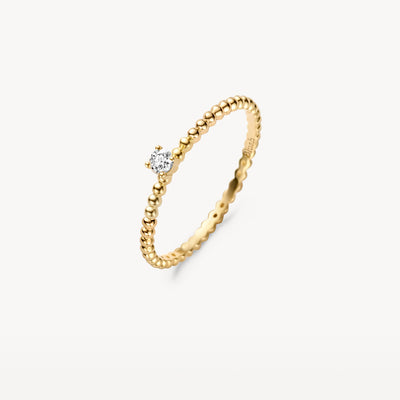 14k geelgouden aanschuifring met fijne bolletjes en solitaire zirkonia.