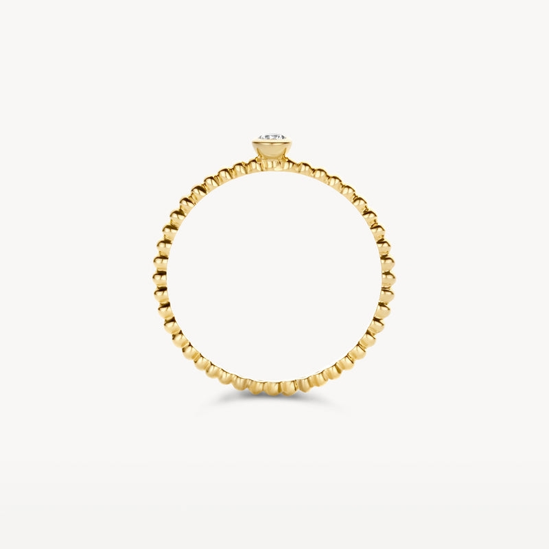 Dunne 14k geelgouden ring met kleine zirkonia en bolletjesstructuur.