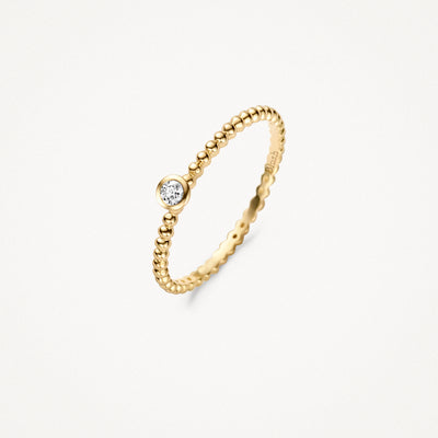 14k goud aanschuifring met bolletjesband en kleine zirkonia steen.