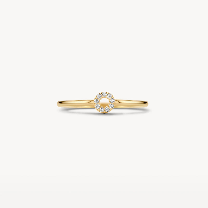 14k geelgouden ring met kleine zirkonia rondom centraal cirkelvormig ontwerp.