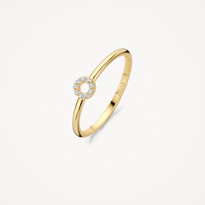 14k geelgouden ring met kleine zirkonia in bloemvormige zetting.