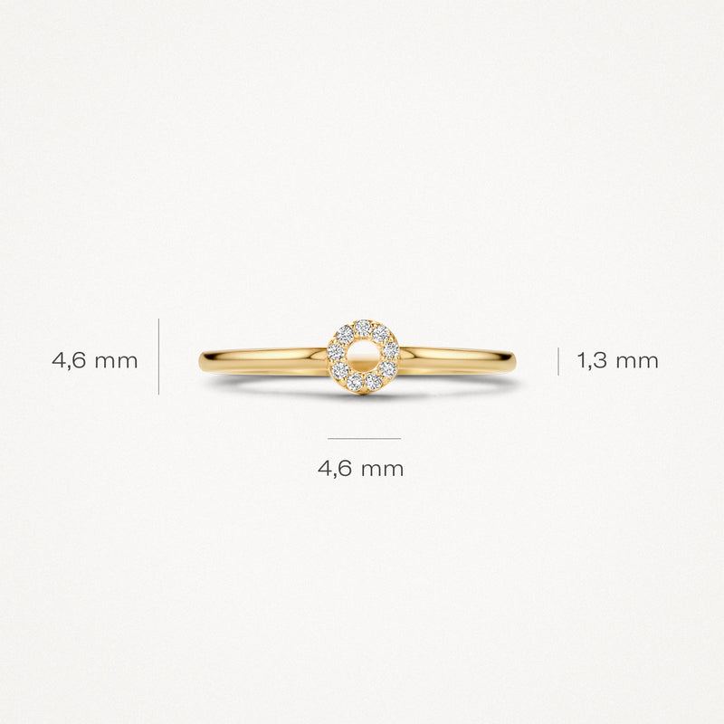 14k geelgouden ring met kleine zirkonia en fijne band van 1,3 mm breedte.