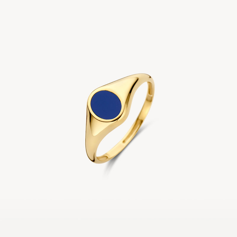 Bagies sceau en or jaune 14k avec pierre lapis ronde, surface polie.