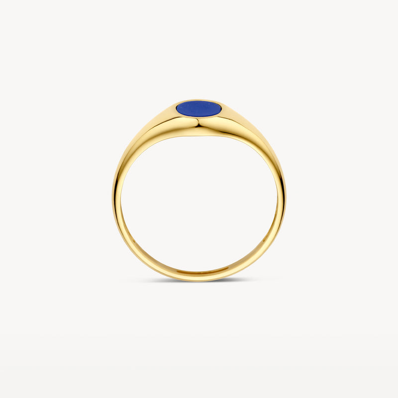 Zegelring van 14k geelgoud met ovale lapis cabochon in het midden.