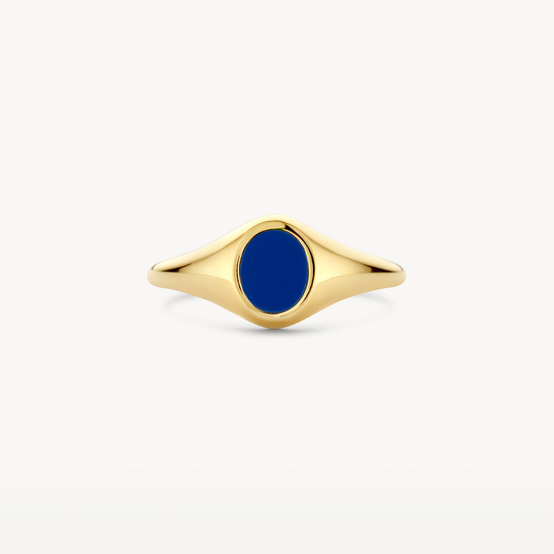 14k geelgouden zegelring met ovale lapis steen en gladde setting.