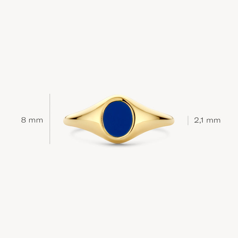 Zegelring van 14k geelgoud met ovale lapis steen, 8 mm breed, 2,1 mm dik.