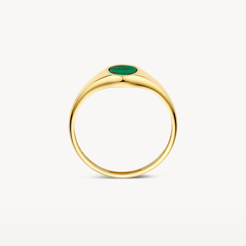 Zegelring van 14k geel goud met ovale groene malachietsteen.