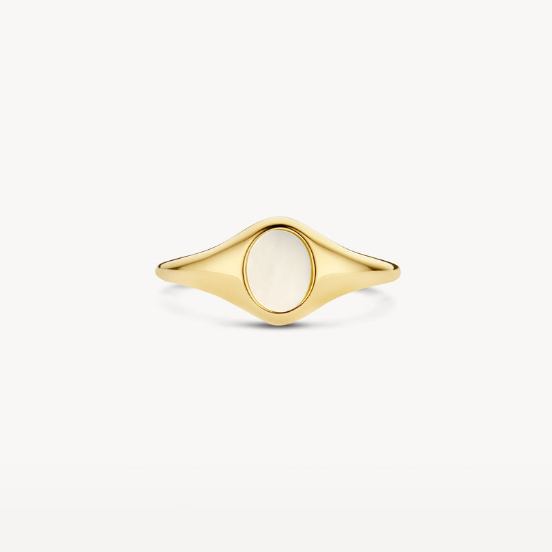 14k geelgouden zegelring met ovale parelmoer inzet en gladde band.