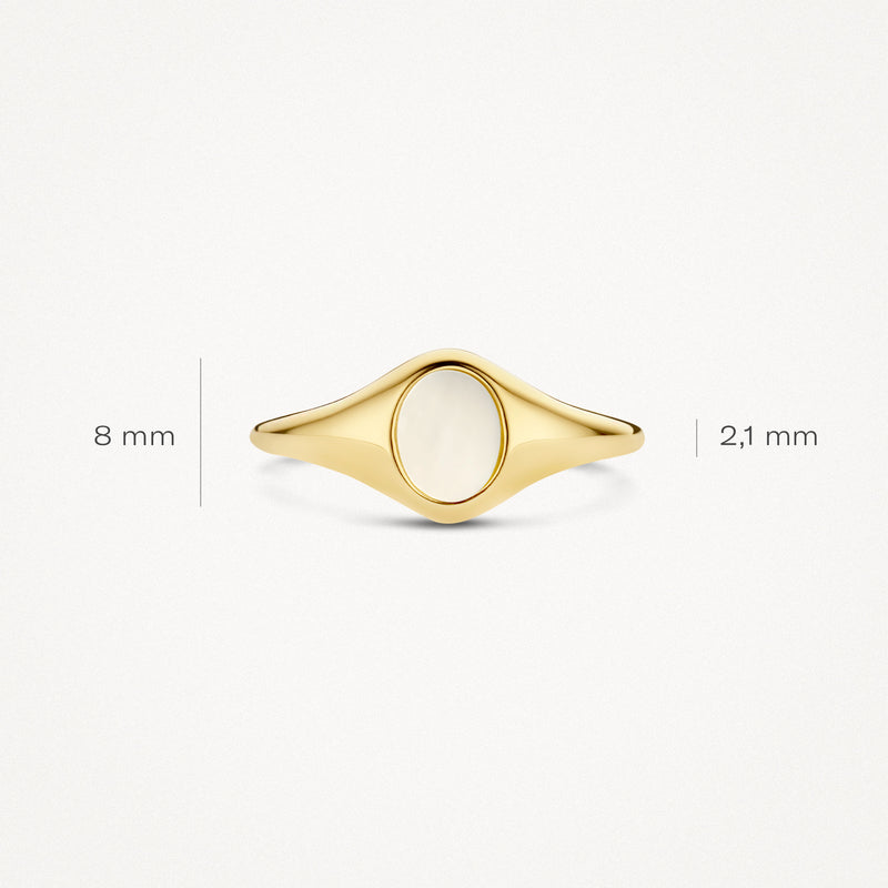 Siegelring aus 585er Gelbgold mit ovaler Perlmutt-Einlage und glattem Band.