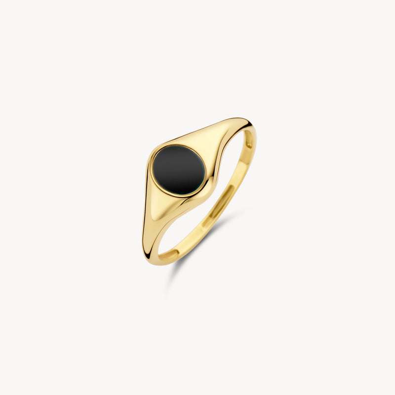 Bague chevalière en or jaune 14k avec une pierre ronde en onyx et un brillant lisse.