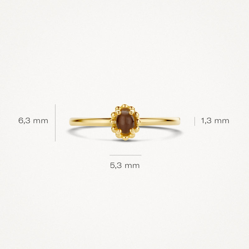 Dunne 14k geelgouden ring met bruin kattenoog en 6,3 mm brede setting.