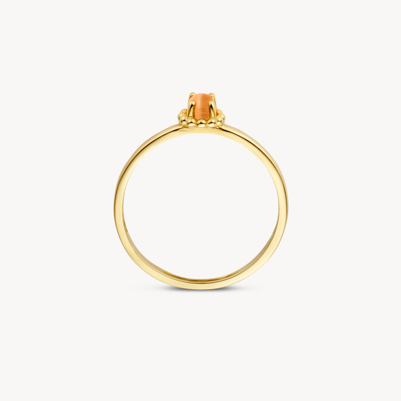 14k geelgouden ring met oranje kattenoog edelsteen en fijne strakke band.