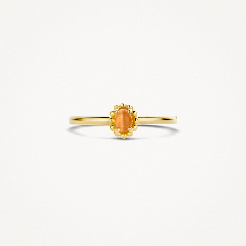 14k geelgouden ring met oranje kattenoog edelsteen en fijne band.