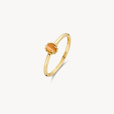 14k geelgouden aanschuifring met ovale oranje kattenoog steen in zilverkleurige zetting.