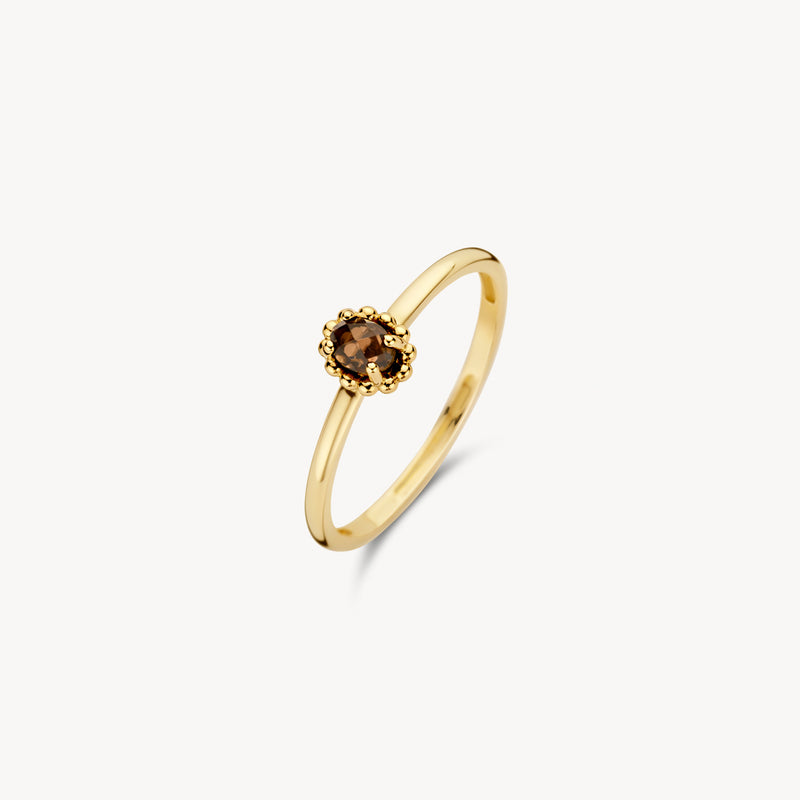 14k geelgouden solitair ring met ronde smokey quartz steen en fijne band.