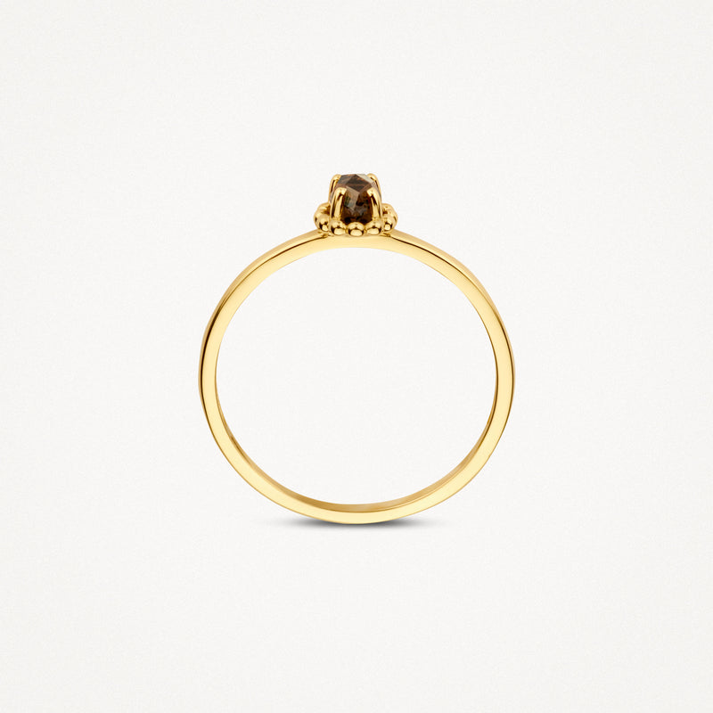 14k geelgouden ring met ronde smokey quartz in solitair zetting.