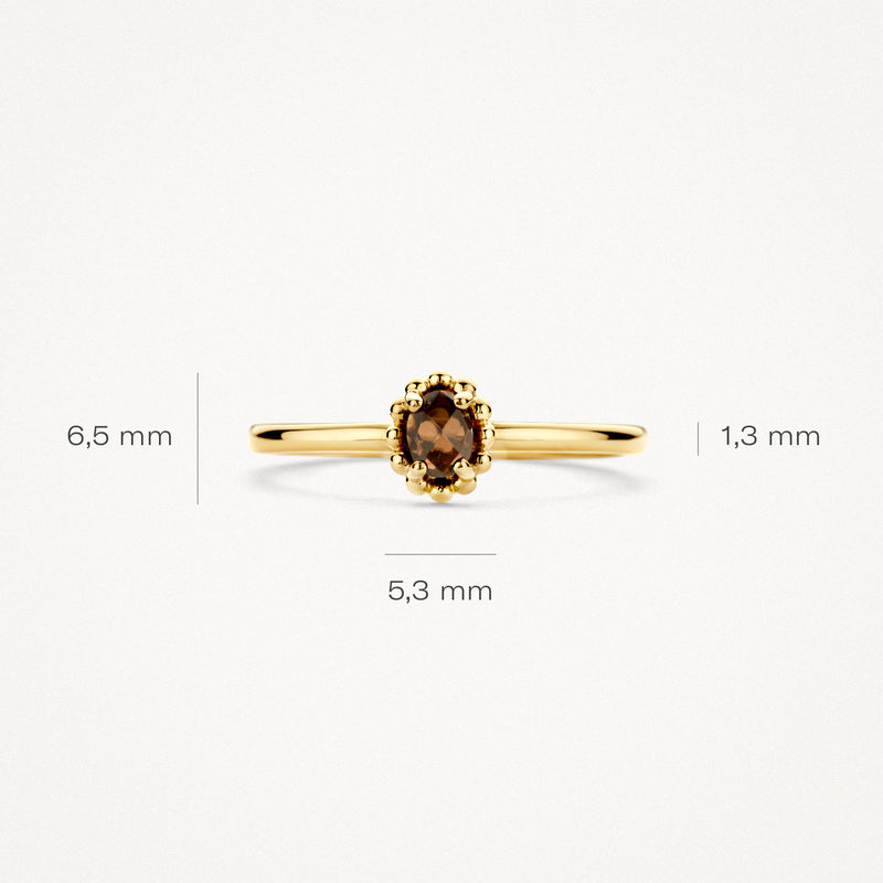 14k geelgouden ring met ovale smokey quartz en smalle band 1,3 mm, maat 48.