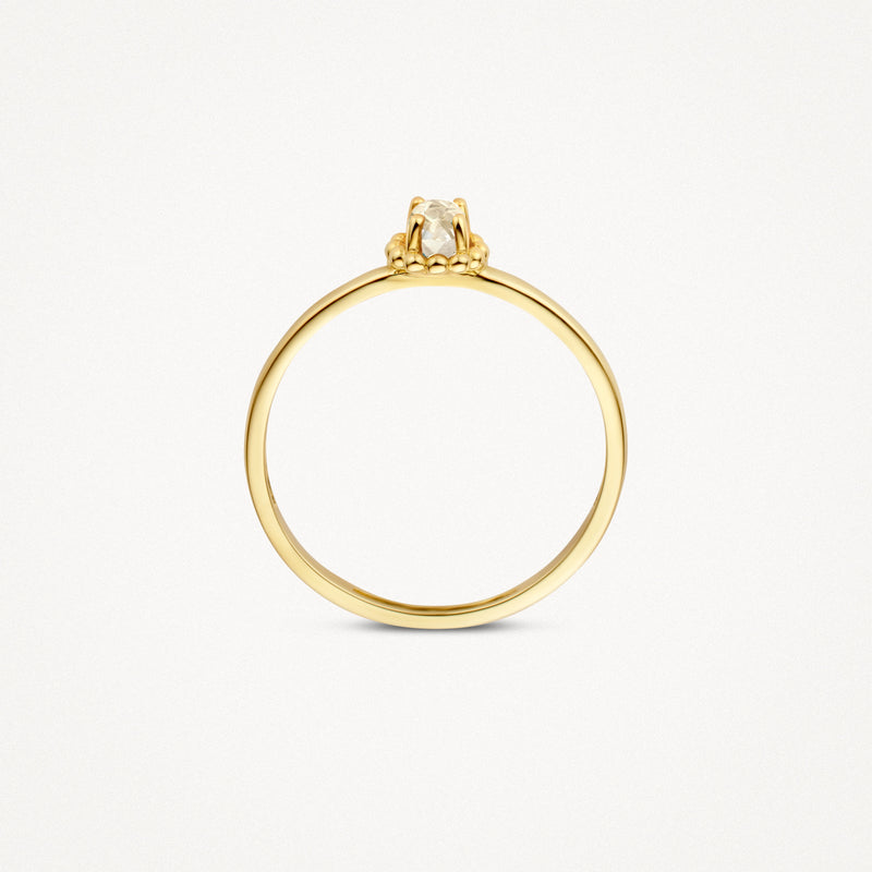 14k geelgouden solitair ring met ronde witte topaas en smalle band.