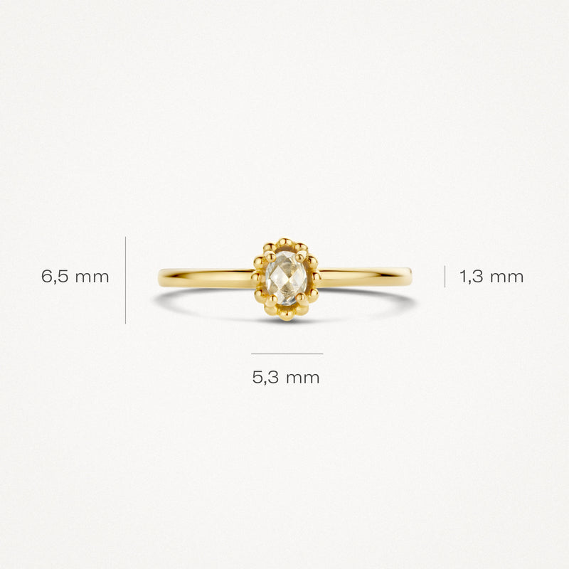 Dunne 14k geelgouden ring met ovale witte topaas en fijne band van 1,3 mm.