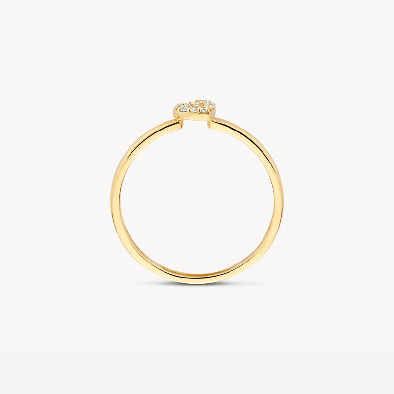 Dunne 14k geelgouden ring met kleine zirkonia bovenop, fijne band.