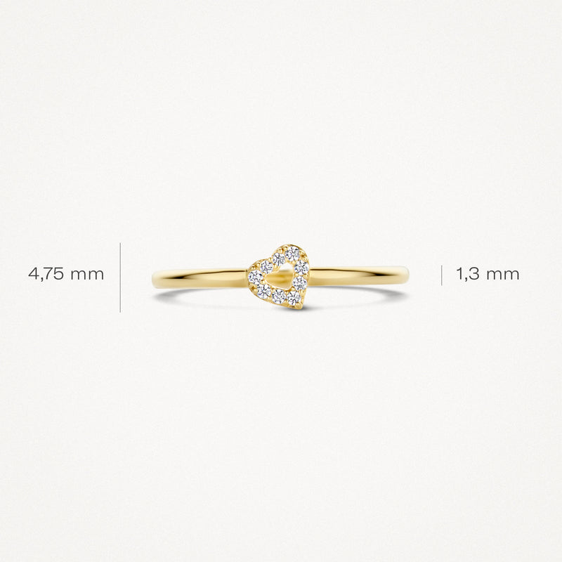 14k geelgouden ring met hartvormige zirkonia en smalle band van 1,3 mm.