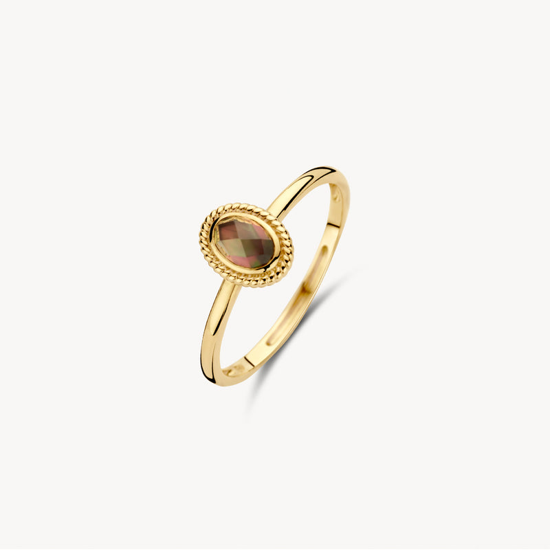 Ring aus 585er Gelbgold mit ovaler Fassung aus reinem Quarz und Perlmutt.