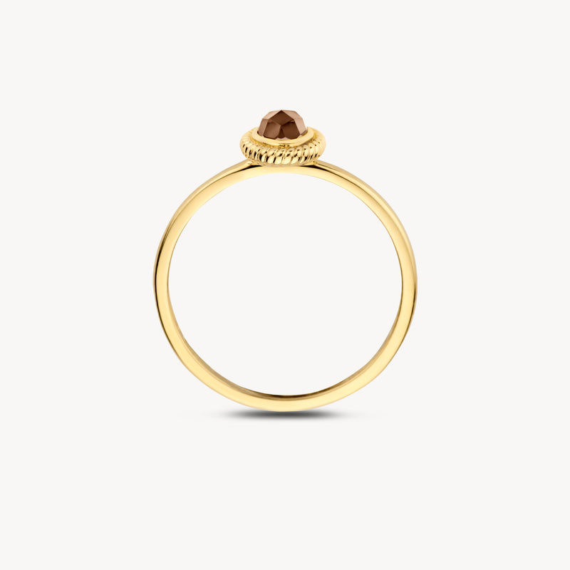 Ring van 14k geelgoud met ronde quartzsteen en parelmoer omlijsting.