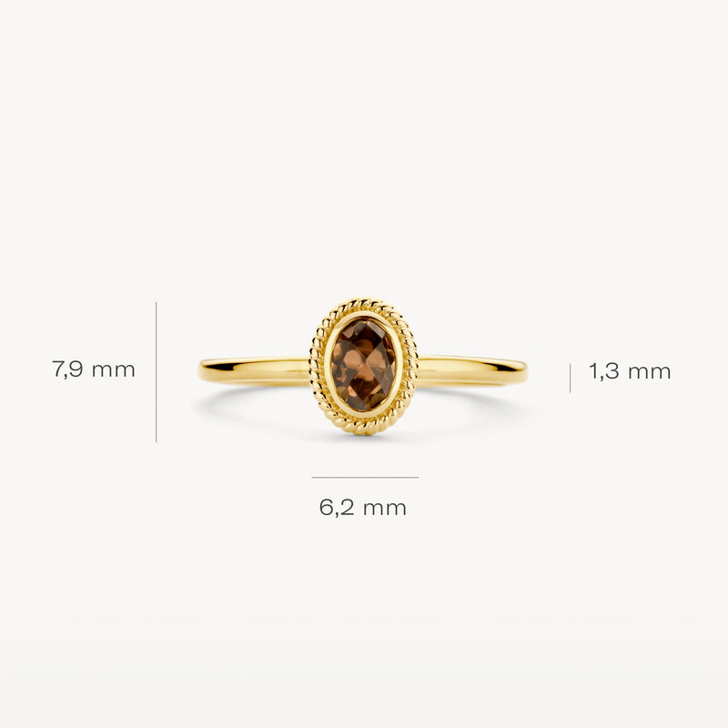 14k geelgouden ring met ronde rookkwarts en parelmoer omlijsting, 7.9 mm breed.