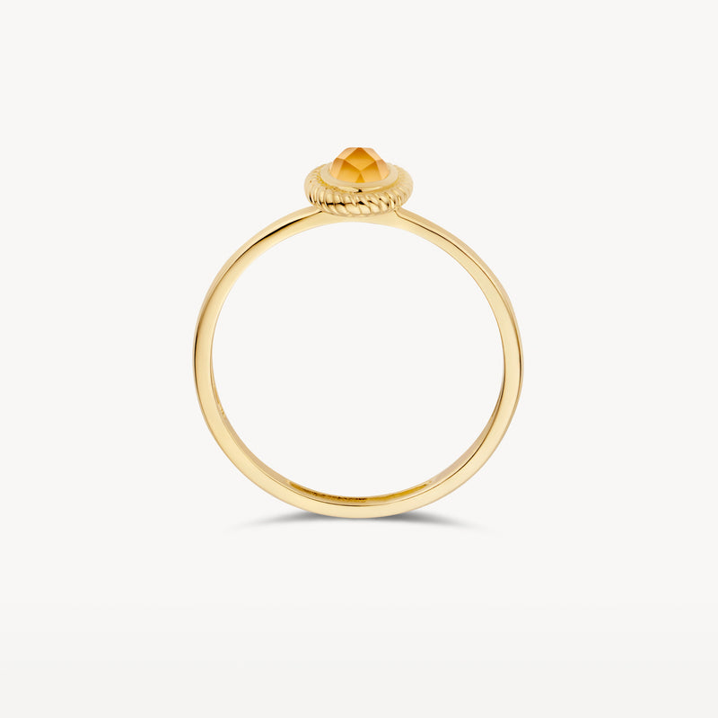 Ring van 14k geel goud met ronde citrien in zetting en parelmoerelement.