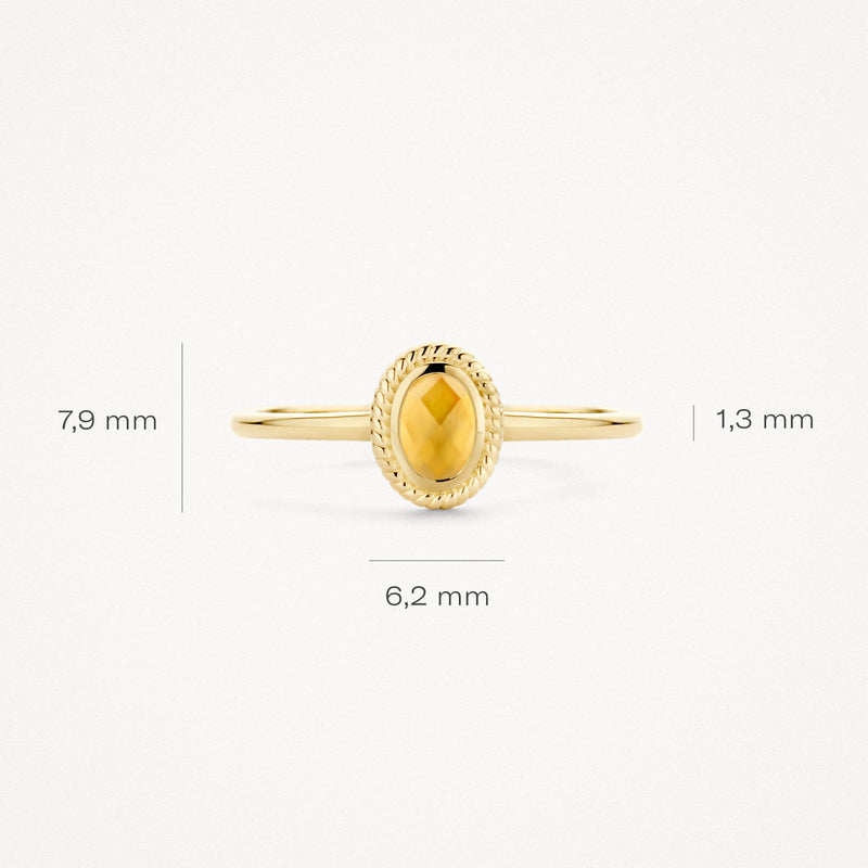 14k geel gouden ring met ovalen citrien en parelmoer omlijsting, 7,9 mm breed.