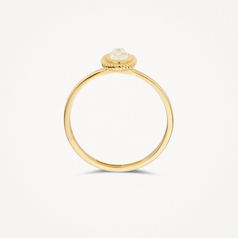 14k geel gouden ring met ronde parelmoer en pure quartz steentje.