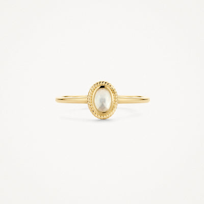 Ring van 14k geel goud met ovale parelmoer steen en fijne details rondom.