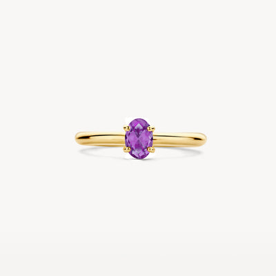 14k yellow gold ring with oval amethyst solitaire and fine band.